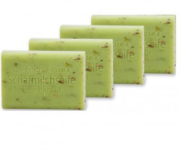 Preview: Florex Schafmilchseife Eisenkraut als Geschenk verpackt mit Schleife 4 Stück a 100g