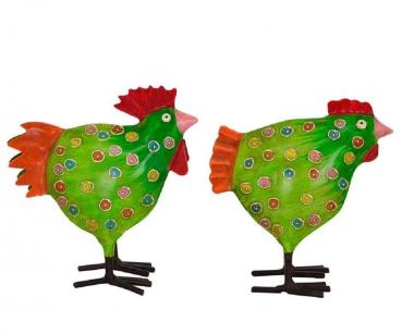 Hahn und Henne Set grün mit Punkten mittel Metallfigur 22x10x22