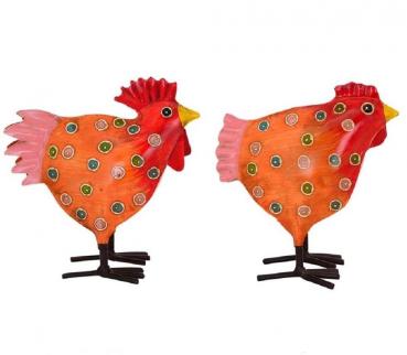 Hahn und Henne Set orange mit Punkten mittel Metallfigur 22x10x22
