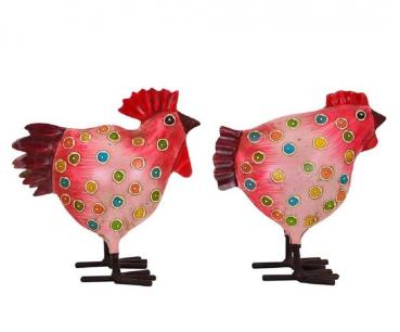Hahn und Henne Set rosa mit Punkten mittel Metallfigur 22x10x22