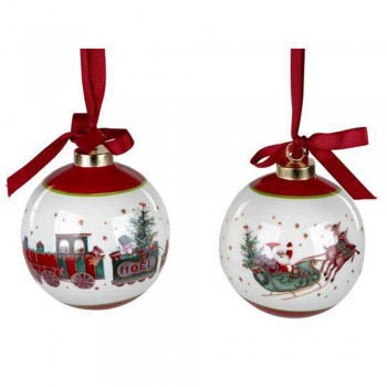 Kugel Weihnachten Porzellan weiß/rot sort. 9cm
