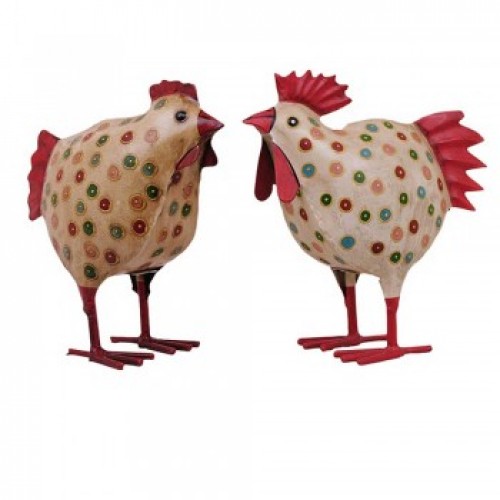 Hahn und Henne Set mit Punkten mittel Metallfigur 22x10x22