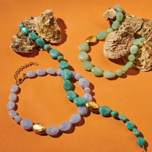Kette Kiesel cremefarben - Facette goldfarben Modeschmuck Vintage Retro von Biba
