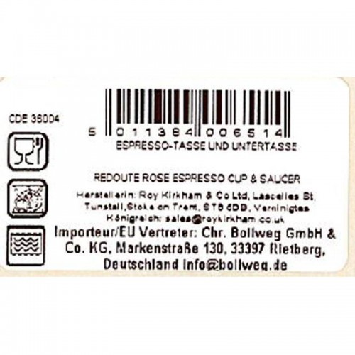Espressotasse mit Unterteller 13m ml Redoute Rose von Roy Kirkham